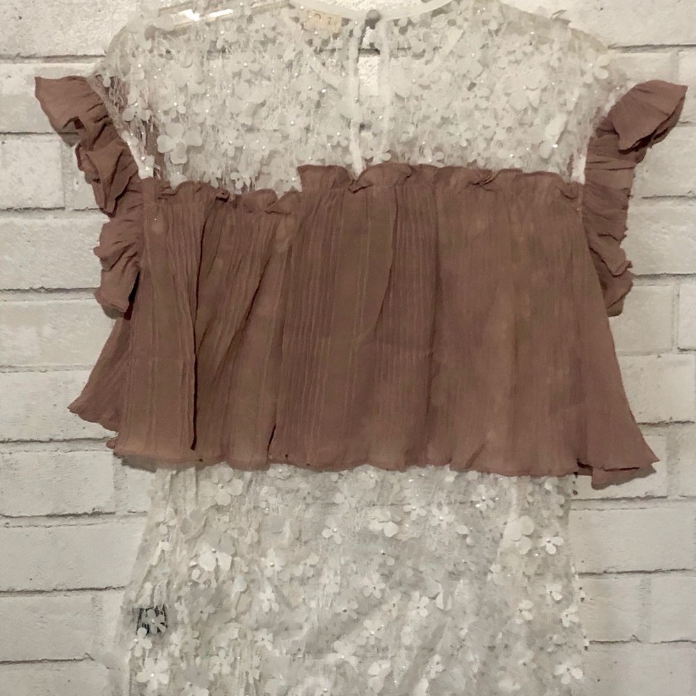 NIP POL Sheer Shimmer Lace BlouseTop With Contrast Ruffle Womens Size Large - Picture 5 of 5